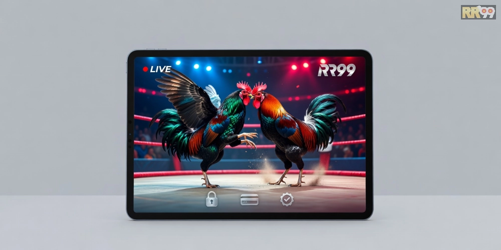 Minh họa khái niệm đá gà online rr99 với giao diện nền tảng hiện đại và hình ảnh trường gà sống động