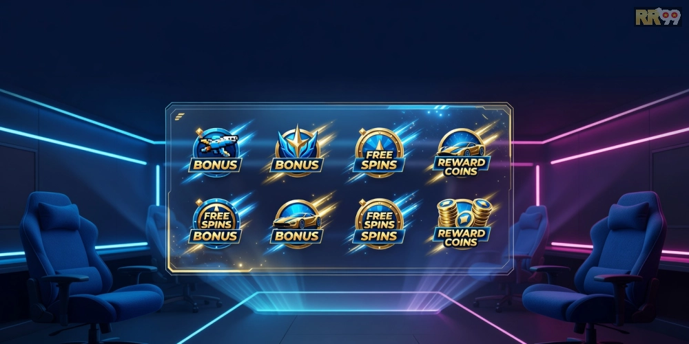 Hình minh họa khái niệm game khuyến mãi rr99 với các biểu tượng phần thưởng hấp dẫn