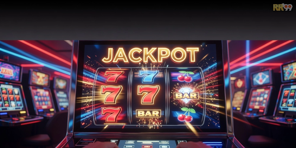 Minh họa khái niệm nổ hũ đổi thưởng rr99 với hình ảnh slot machine hiện đại