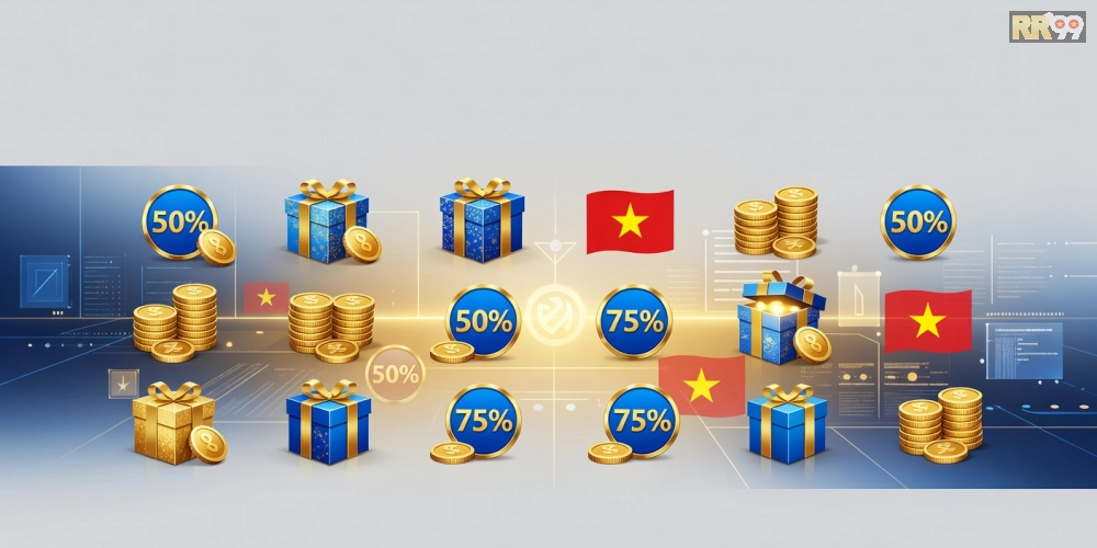Minh họa khái niệm khuyến mãi rr99 với các biểu tượng bonus hấp dẫn