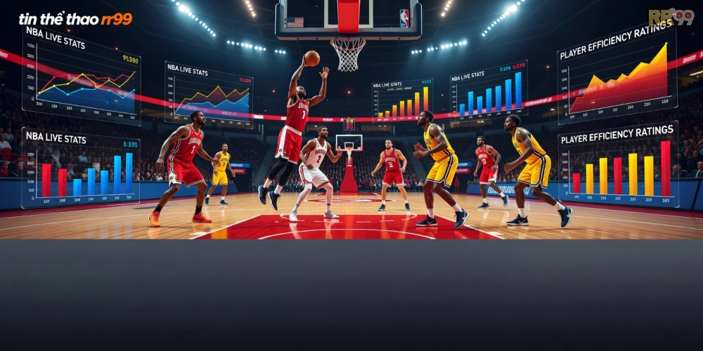 Ảnh phân tích trận đấu NBA với biểu đồ thống kê trên nền tảng RR99