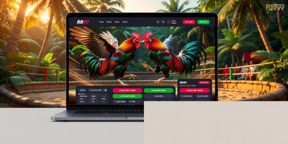 Giao diện trang web đá gà online rr99 uy tín với các trận đấu đang phát sóng và nút đặt cược nổi bật